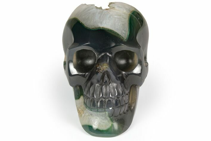 Polished Banded Agate Skull with Quartz Crystal Pocket #237000